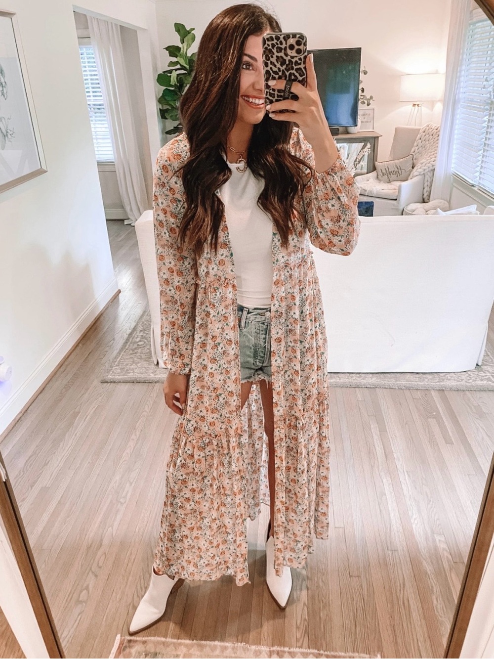 Floral Maxi Duster Cardigan - White & Peach Floral